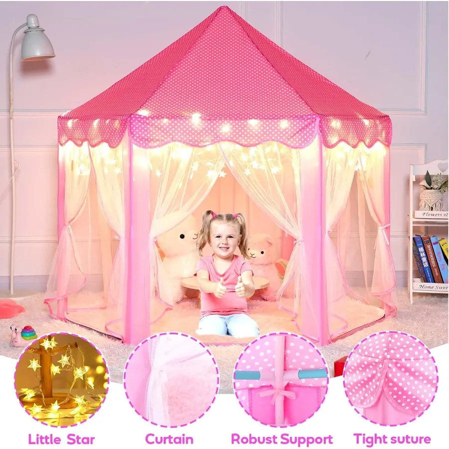 ピンクのプリンセスキャッスルテント、女の子用ラグ付き、六角形の妖精の遊び場、星型ライト付き屋内玩具、幼児向け