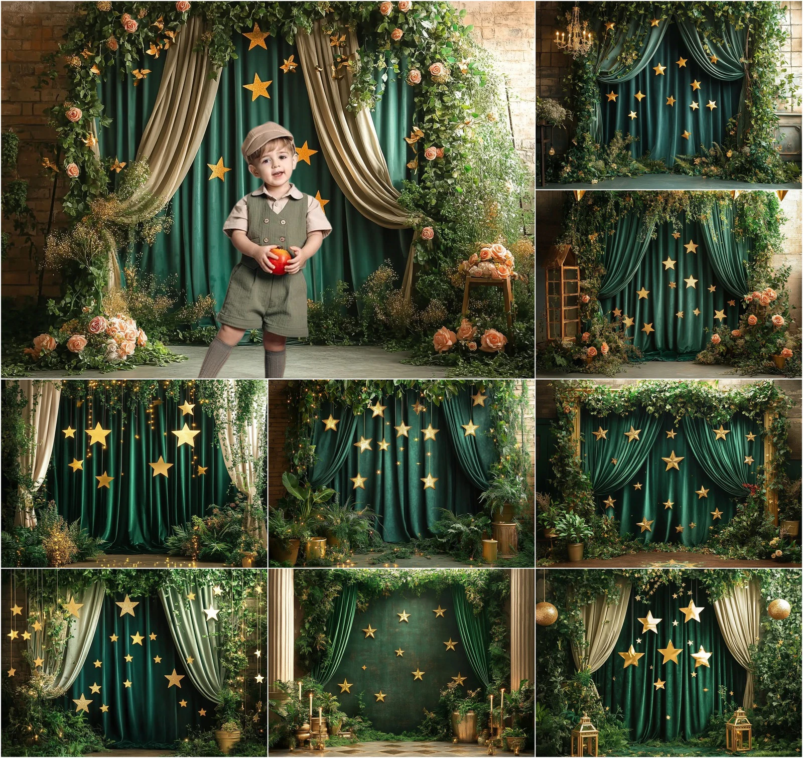mehofond-fotografia-fundo-cortina-verde-glitter-estrelas-douradas-adulto-criancas-aniversario-retrato-decoracao-pano-de-fundo-estudio-foto