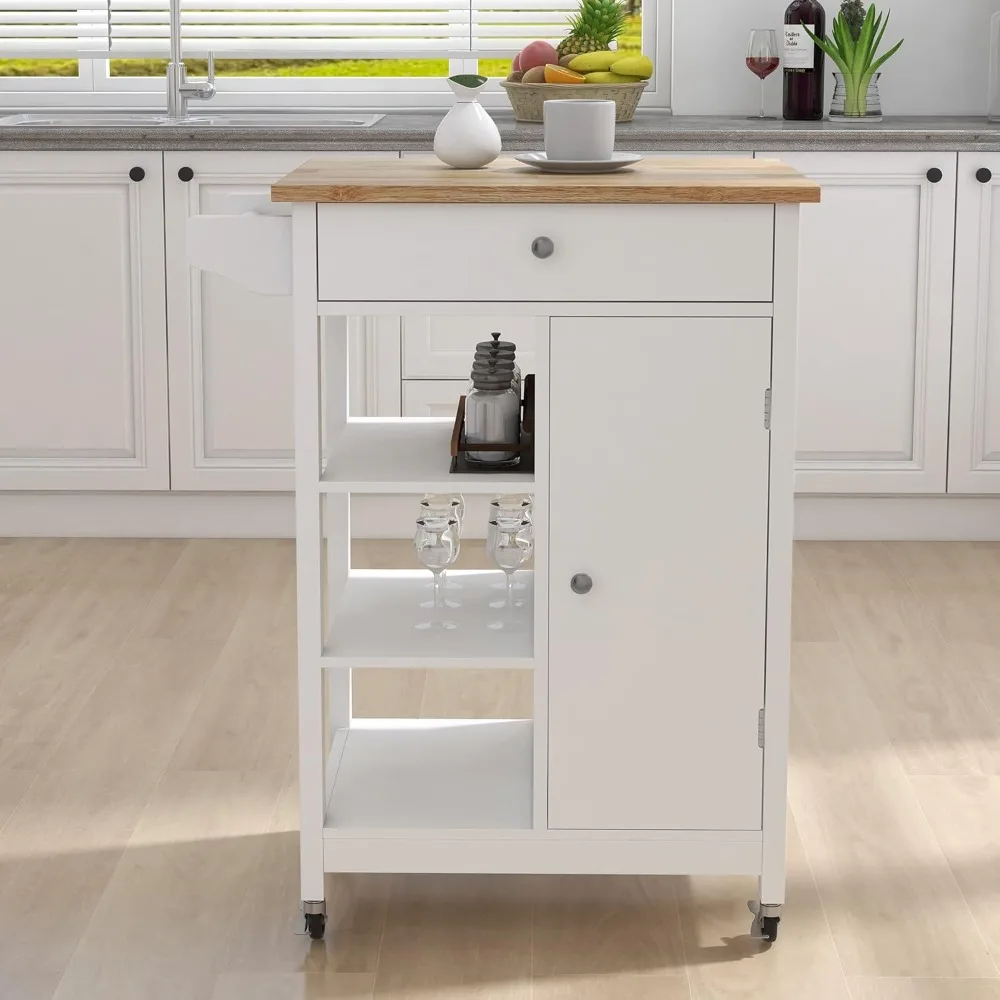 Kitchen Island Rolling Trolley cart with Adjustable Shelves and Towel Rack Rubber Wood Table