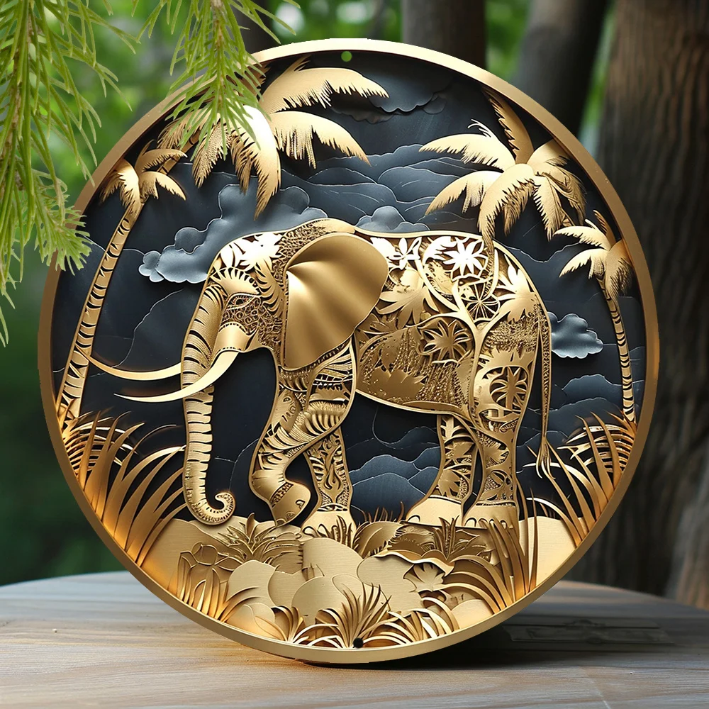 

Metal SignStamping Papercut Art Painting Round Wreath Decorative Sign Dormitory Thanksgiving Day Gifts Elephant Theme Decoration