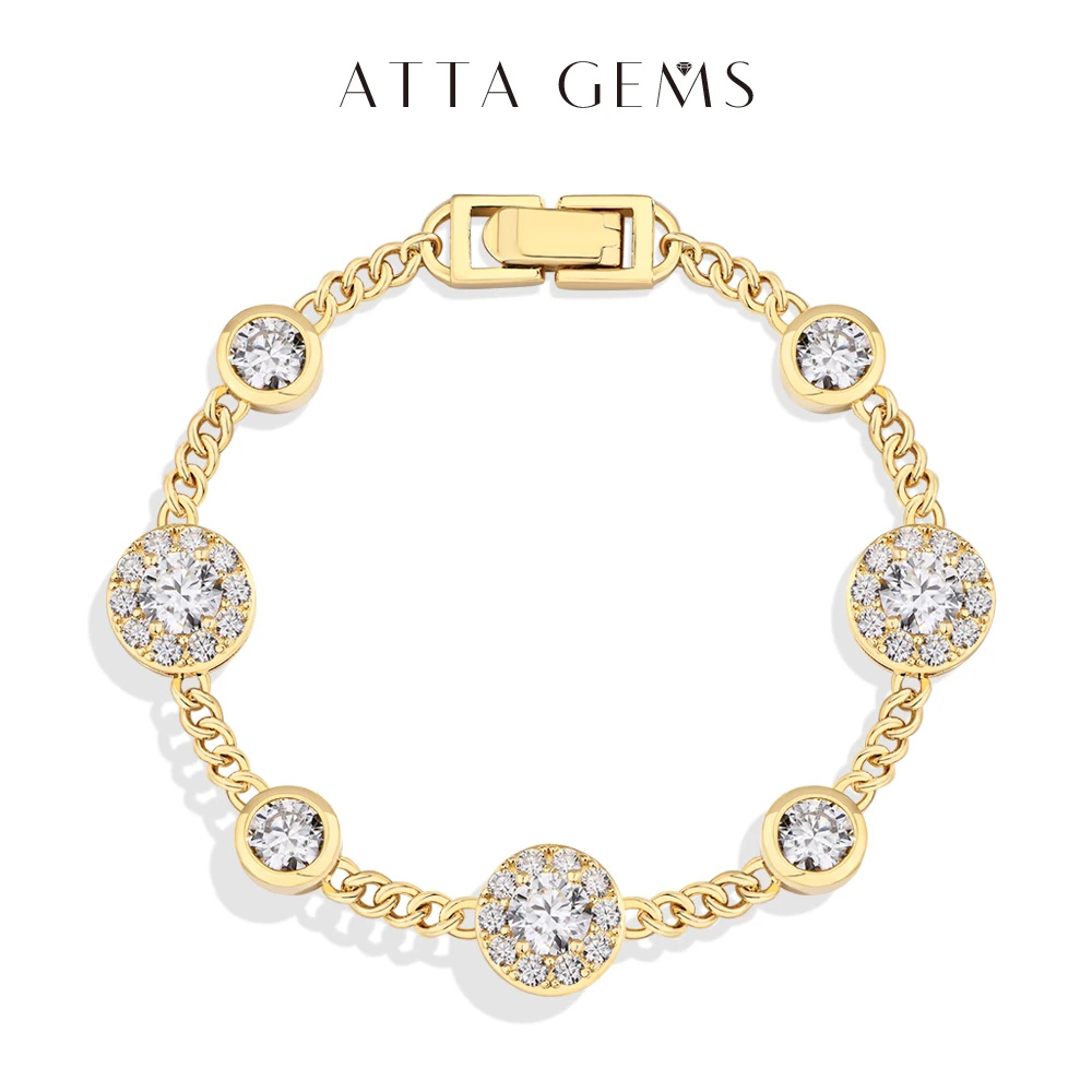 ATTAGEMS Luxury Moissanite Bracelet for Women S925 Silver Yellow Gold Plated Round halo D Color VVS1 Diamond Wedding Jewelry New