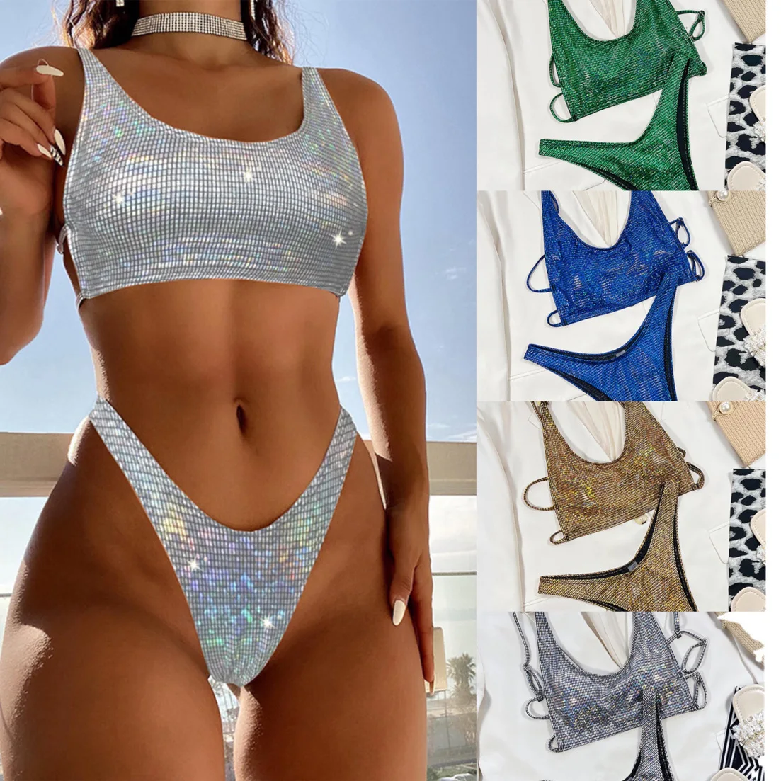 2023 New Style European and American Cross-border Two-piece Bikini with Multi-color Gradient, Special Fabric, Drawstring Back