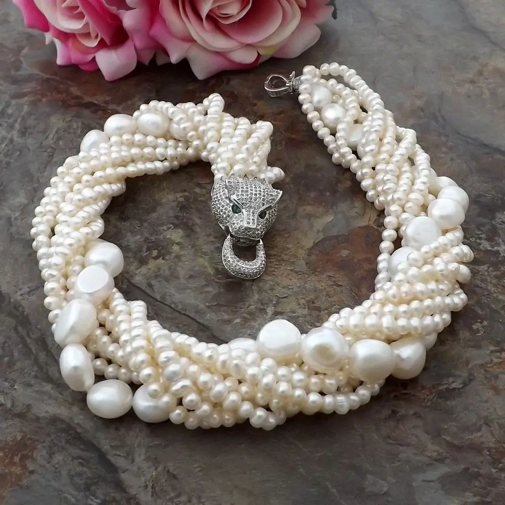 

Free Shipping New natural 8 Strands Freshwater white Pearl 5-11MM Necklace Cz Pave Leopard head Clasp 18inches