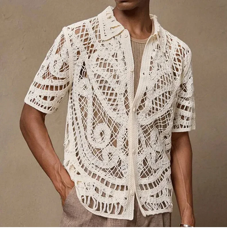 Men's Sexy Mesh Crochet Open Front Polo Shirt Short Sleeve Summer Fashion Shirts Breathable Knitted Top Beach Club Costume