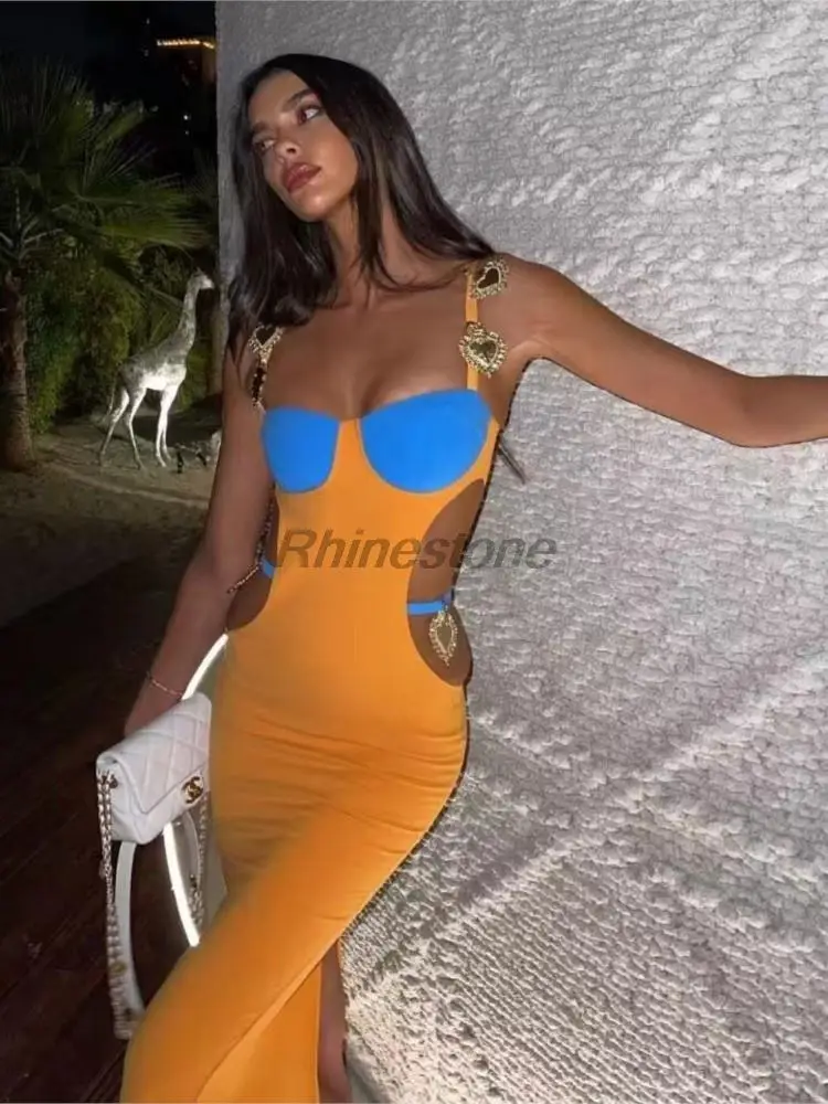 European And American Summer New Metal Love Pendant Sexy Waist Wrap Hip Colorful Hanging Strap Long Bandage Dress