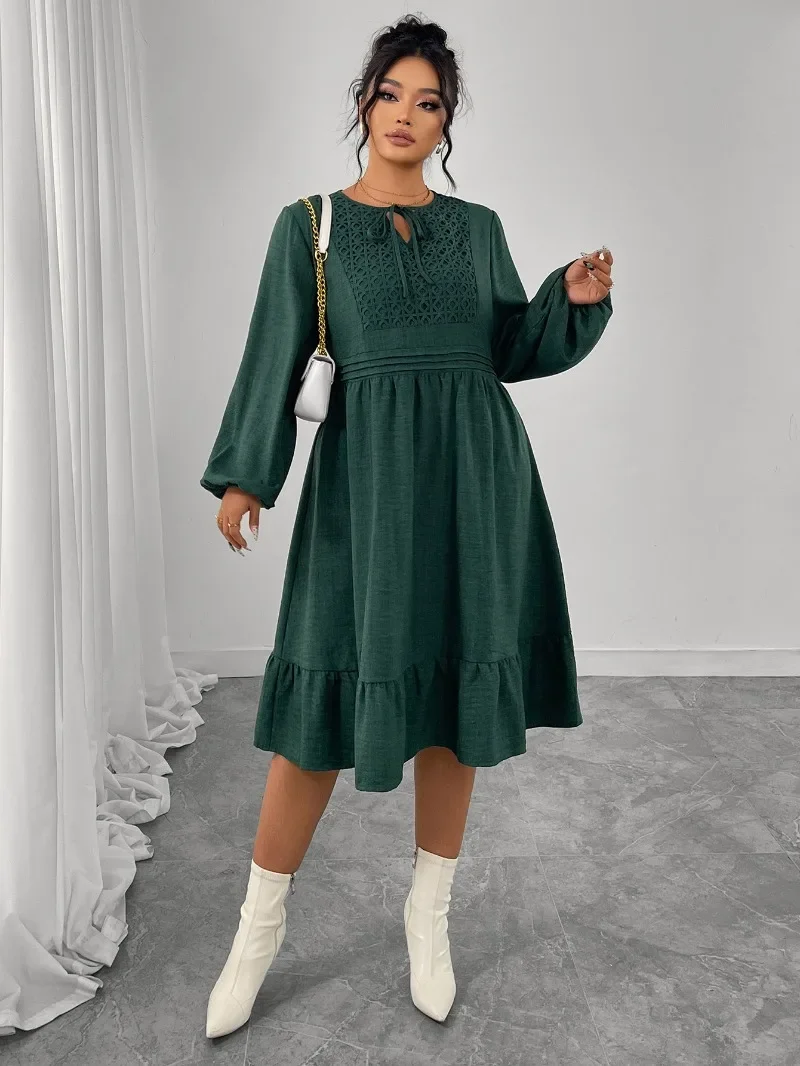 GUWU New Autumn Cotton Hemp Splicing Design Plus Size Dress Loose Bubble Full Sleeve Hollow High Waist Elegant Dress