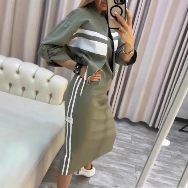Fashion Sports Dress Women's Set Striped Printed Jacket Drawstring Short Coat + Straight Dress Two-piece Set Casual Sportswear image 3