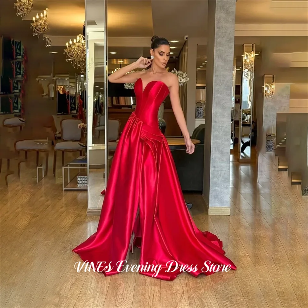 

VINES Red Satin Ball Gown A Line Sleeveless Evening Dresses V Neck Stunning Prom Dress with High Slit Formal Dresses Customized