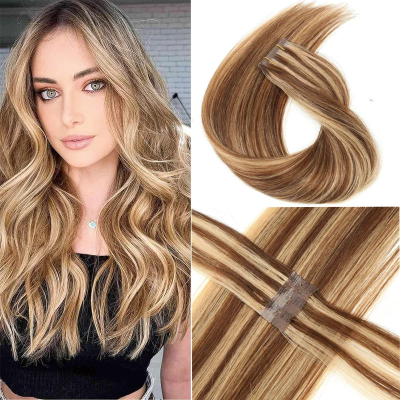 Extensões de Cabelo Humano Remy Premium com Fita Adesiva Invisível PU, Micro Pérolas Pequenas com Furos Reforçados, Loiro, 10 Peças