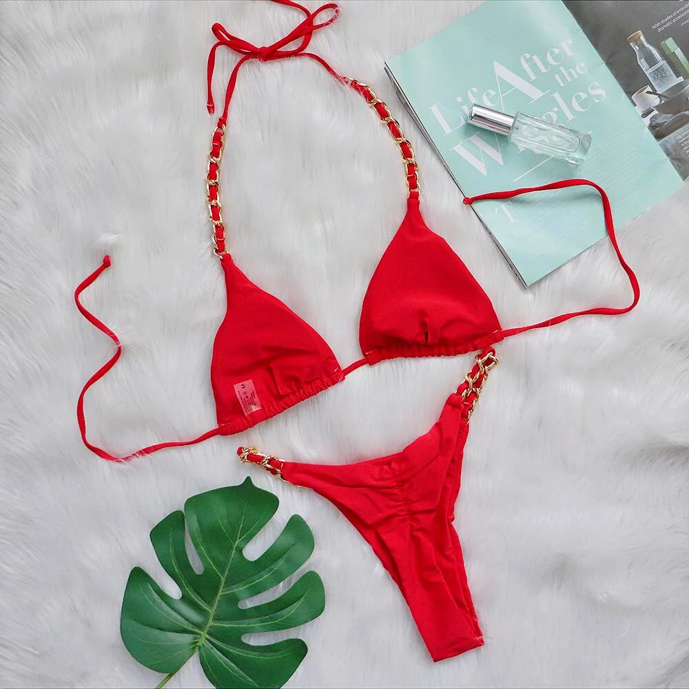 Sexy Red Triangle String Bikini Micro Thong Swimsuits Women 2024 Metal Chain Swimwear Bathing Suit Bikinis Sets Swimming Suit