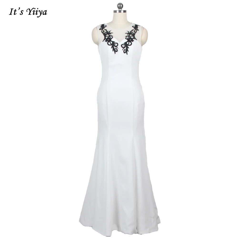 

It's YiiYa Evening Dress White Jersey O-neck Illusion Sleeveless Trumpet Floor Length Mermaid Plus size Women Evening Gown X141