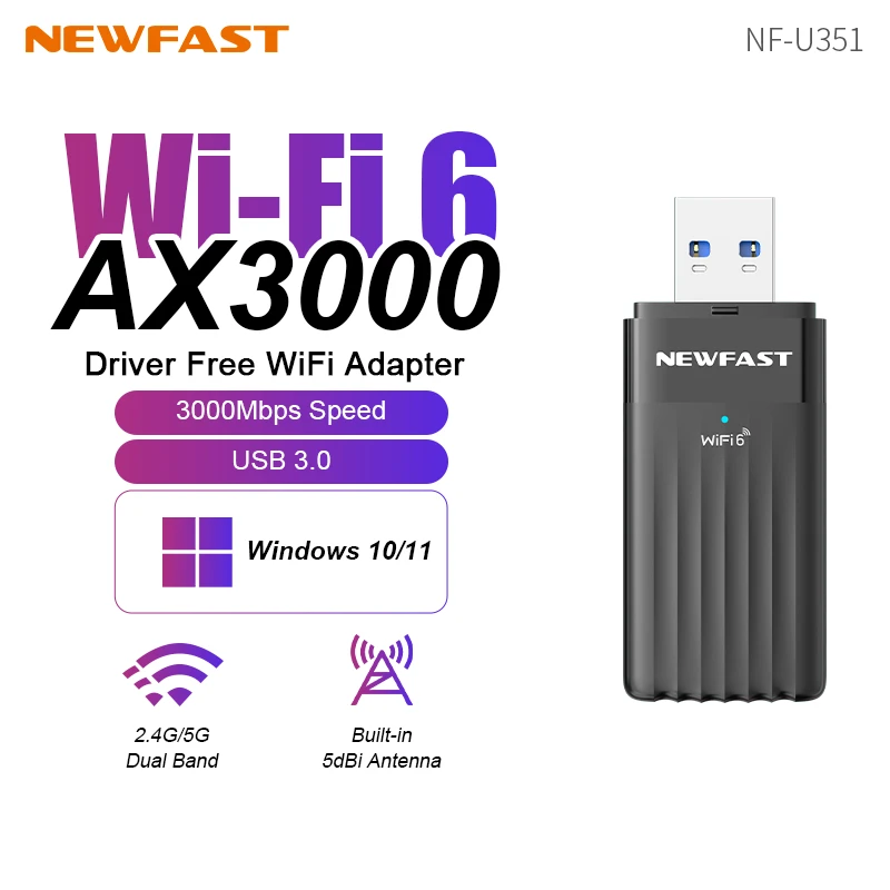 

Newfast AX3000 WiFi 6 Адаптер 3000 Мбит/с 2,4G и 5 ГГц Игровая беспроводная сетевая карта USB 3.0 WiFi6 Dongle Драйвер бесплатно для Win10/11 WPA3