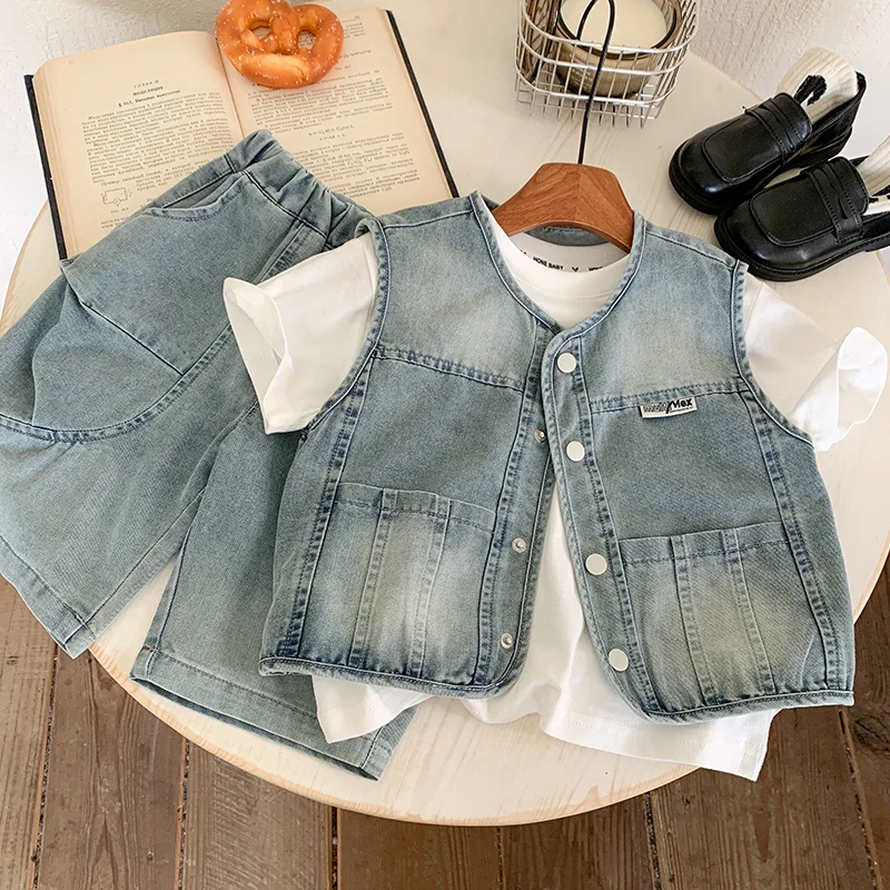 

2026 3Pcs Baby Boys Outfit Set Softy Denim Vest T-Shirt Jeans Casual Fashion Spring Summer Cool Boy Suit for 2-9Y Baby Kids