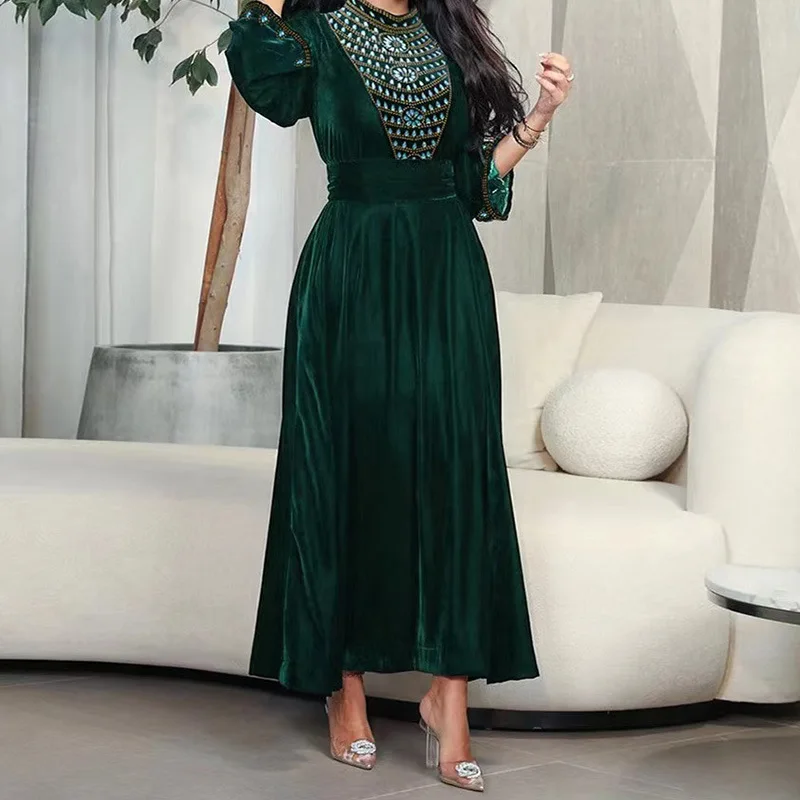 High Quality Winter New Muslim Dubai Suede Dinner Dress Robe Blue Water Drop Rhinestone Jalabia Women's Dresses