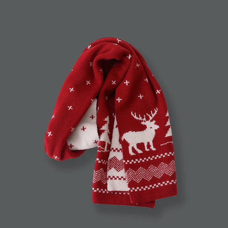 Christmas Women Men Scarf Double-Sided Deer Elk Teenager Girls Boys Knitted Shawl Adult Winter Scarves Family New Year Gift