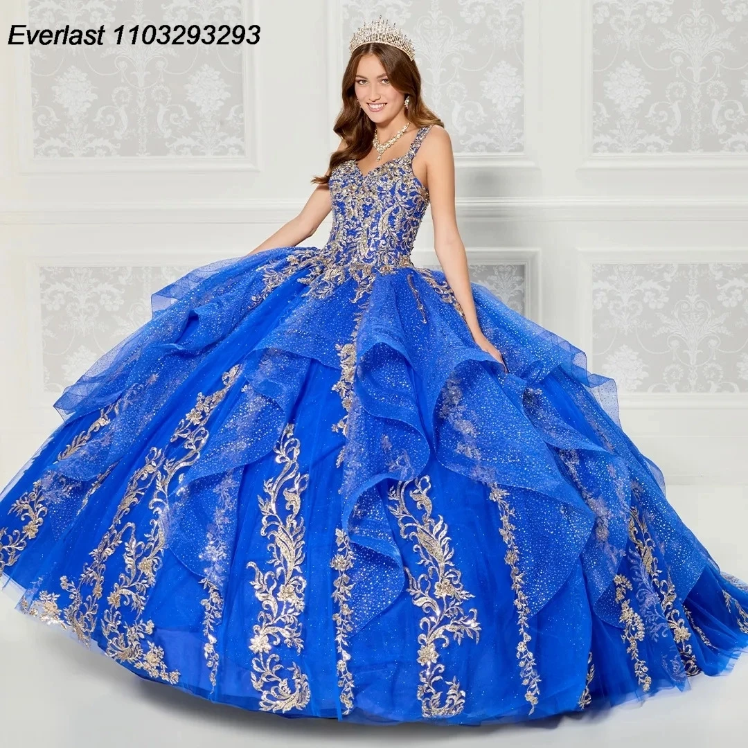 

EVLAST Royal Blue Quinceanera Dress 2024 Ball Gown Applique Beading Sequins Tiered Corset Sweet 16 Vestido 15 De Años TQD230