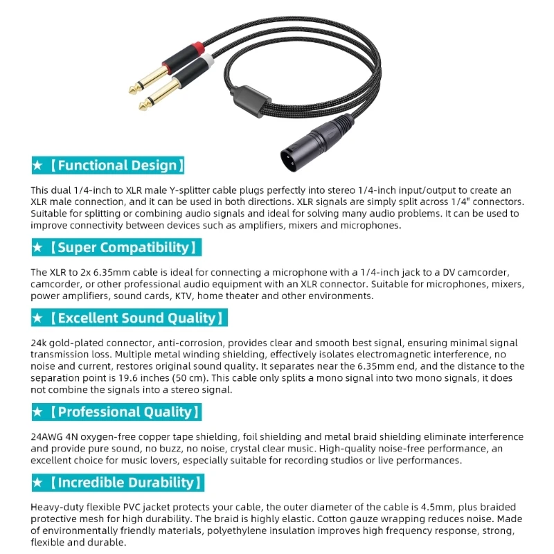 R91A 2x 1/4inch to 3Pin Male Y Splitters Cable,3Pin to 2x6.35mm TS Mono Microphones Music Converters Adapters