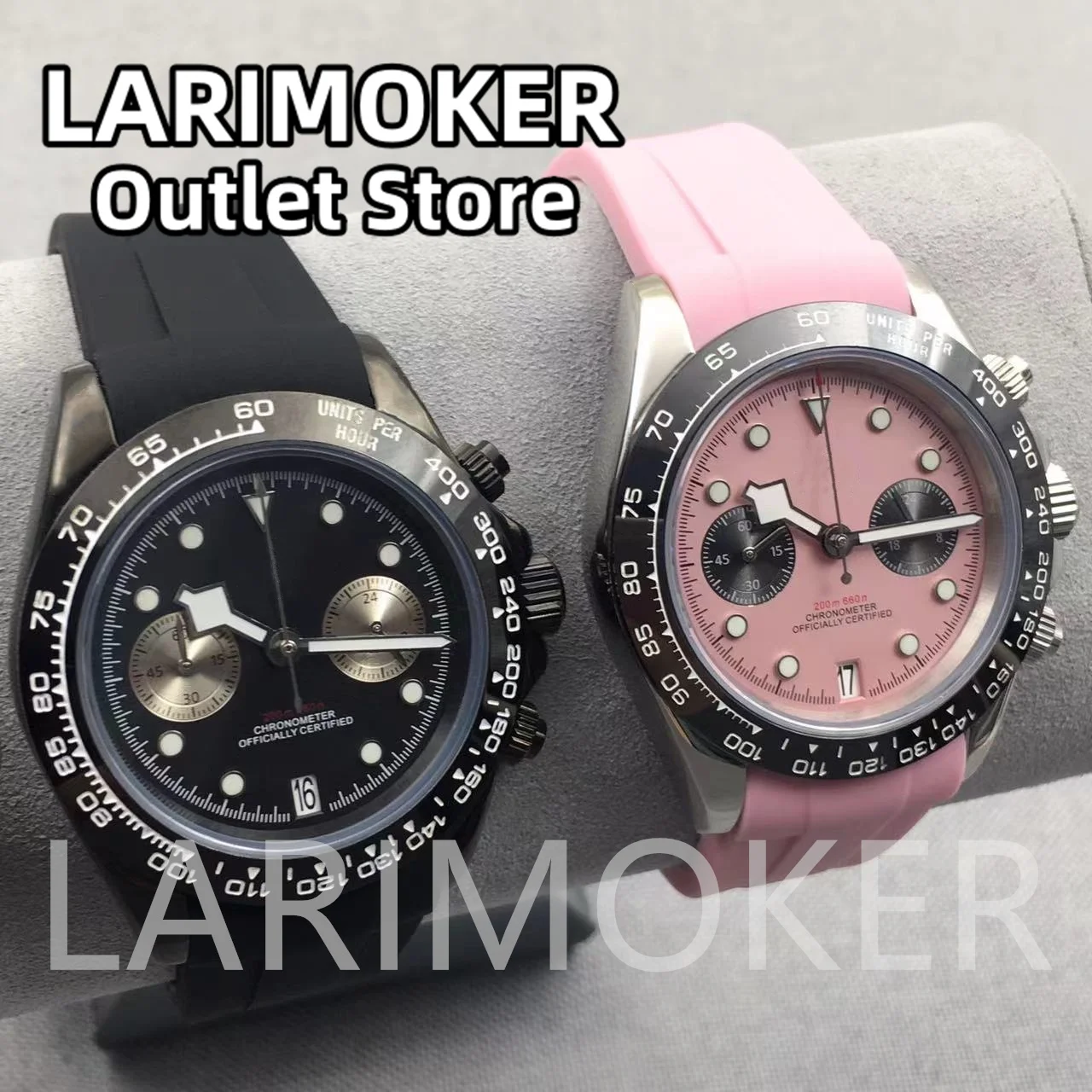 LARIMOKER 39mm Chronograph VK64 Quartz Watch For Men Sapphire Glass Luminous Hand Blue Black White Pink Rubber Bracelet Watch