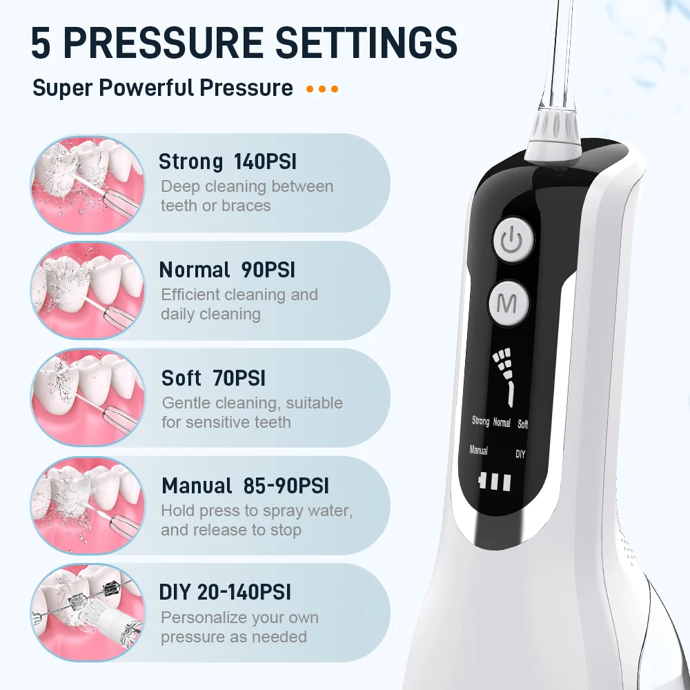 Schoben Oral Irrigator Portable IPX7 Waterproof Rechargeable 5 Modes Dental Water Flosser Teeth Cleaner 330ML Dental Water Jet