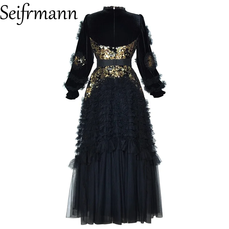 Seifrmann 2026 printemps femmes nouvelle mode col rond lanterne à manches longues mousseux velours épissage maille taille robe