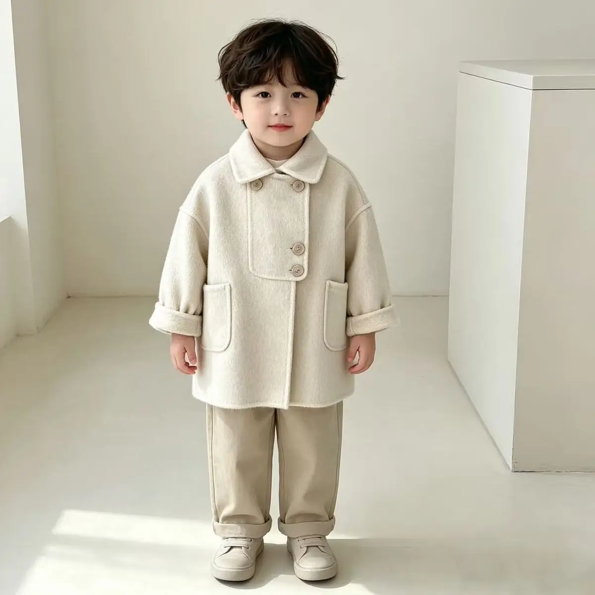 Kids Beige Wool Coat Autumn Winter Boys Girls Turn-down Collar Woolen Coat Children Outerwear 90-140cm