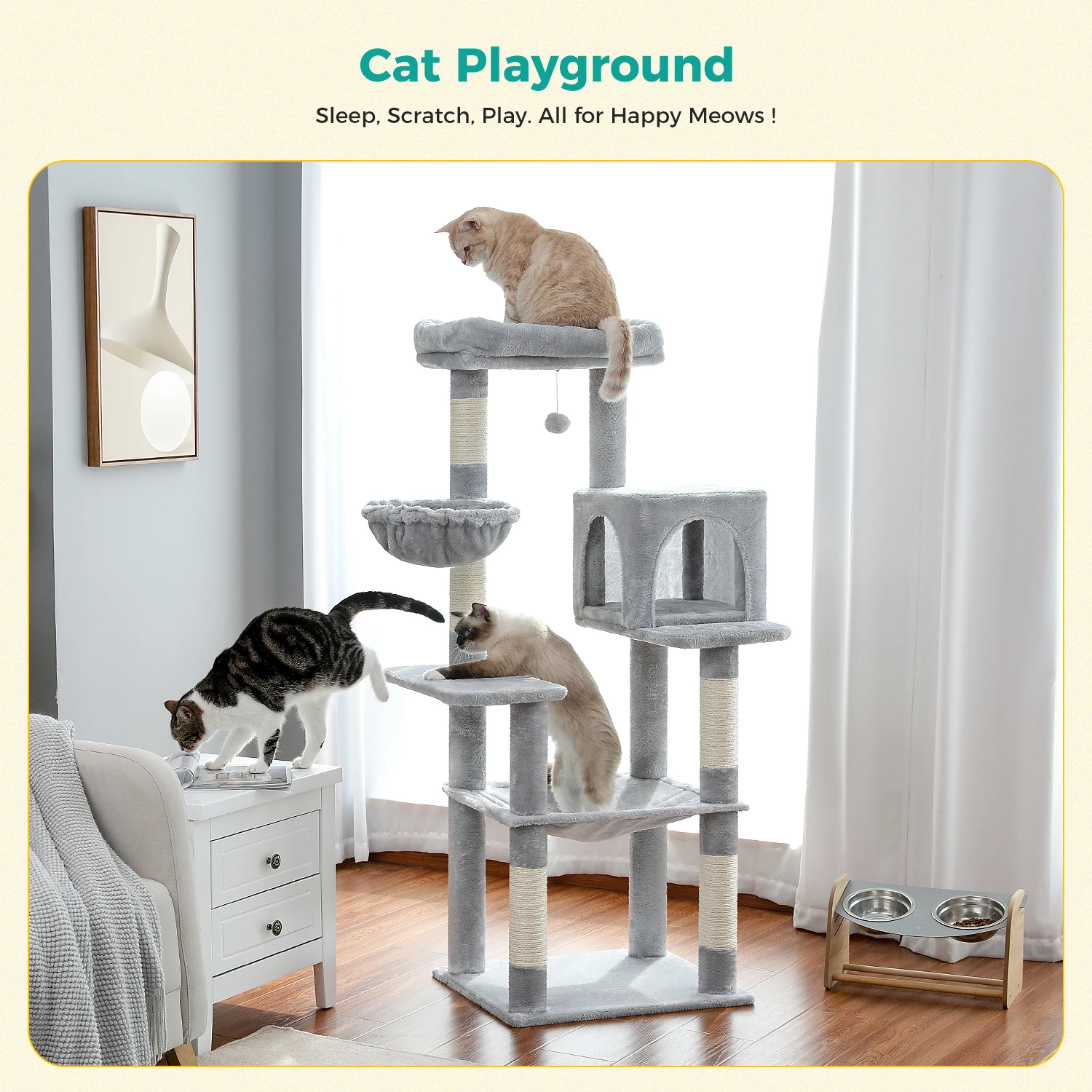 

Роскошное многоуровневое кошачье дерево с корзиной-ложкой, верхним окунем, универсальная когтеточка, блестящий кондоминист и гамак для 2-3 кошек