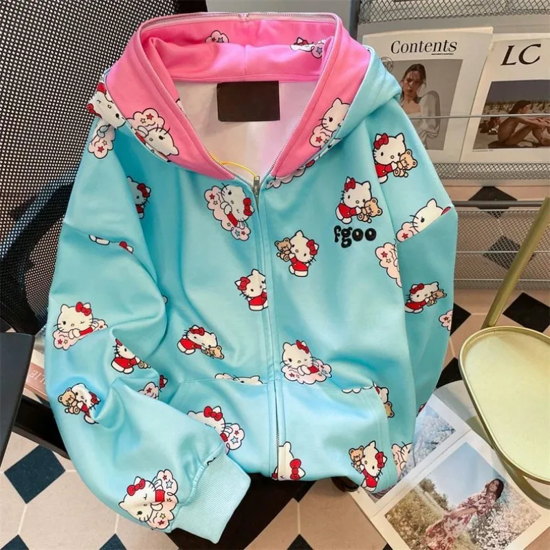 

Anime Hello Kitty Color Blocked Splicing Hoodie Spring/Autumn Women's Cartoon Kt Cat Pattern Printed Accessories Coat Clothing