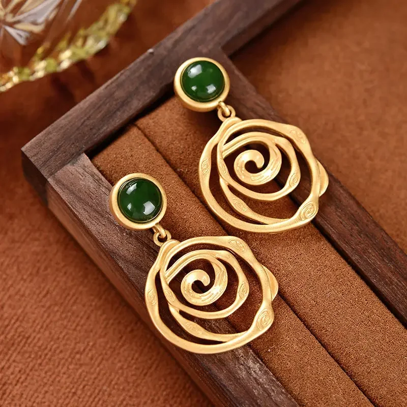 New in Silver Inlaid Natural Hotan Jade Earrings for Women with Irregular Thread Vintage Chinese Style Antique Palace  Jewelry