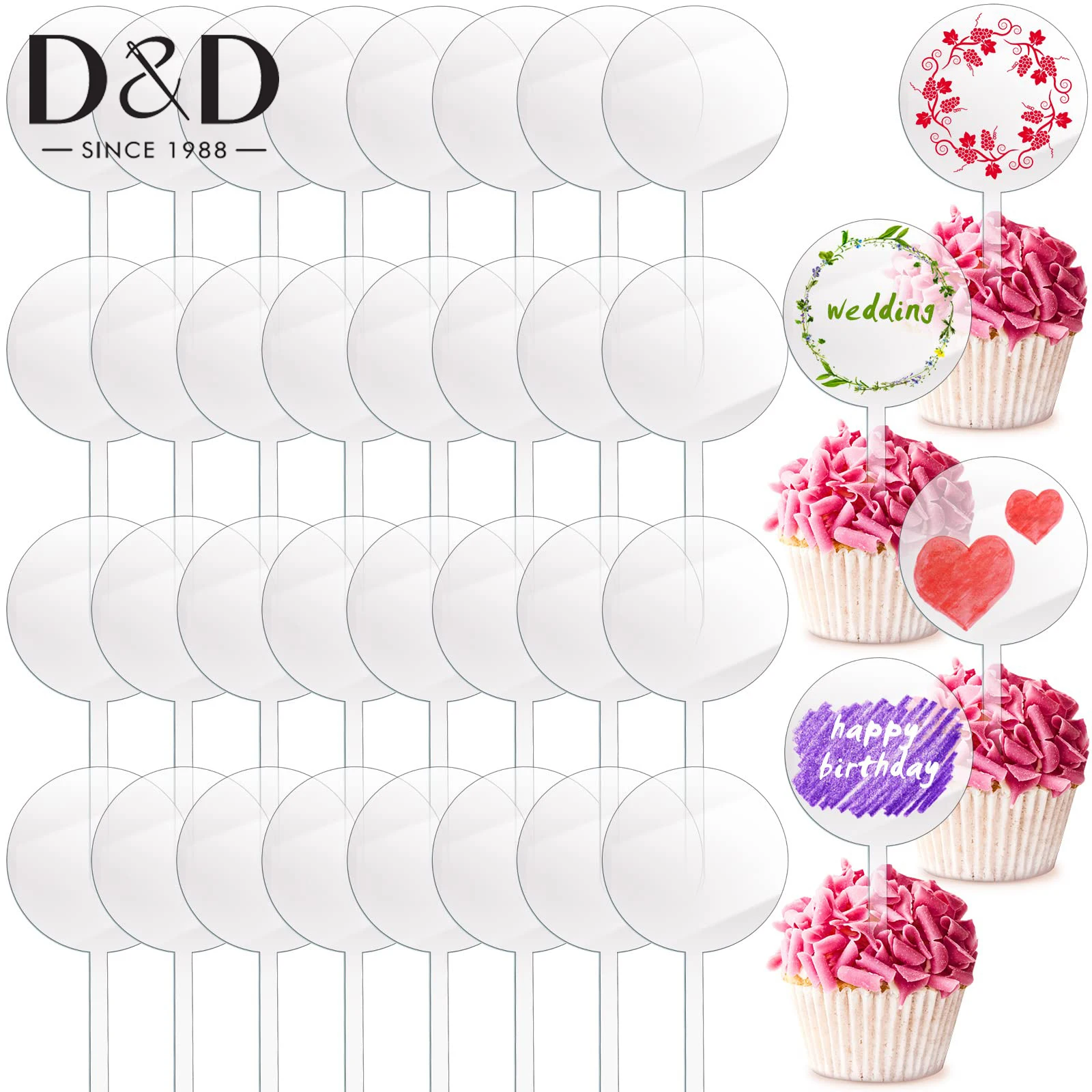 

20Pcs/Set 2 Inch Round Acrylic Cupcake Toppers Transparent Blank Cupcake Sticks For DIY Party Birthday Cake Decorations