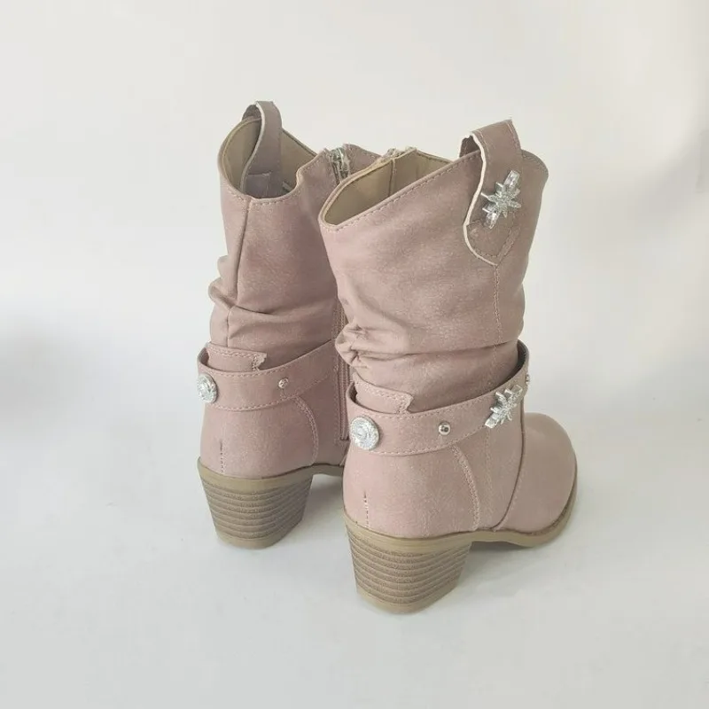 Girls Classic Pink Riding Boots Children Crystal Snow Buckle Western Boots Kids Heeled Pointed Toe Side Zipper Leather Boots