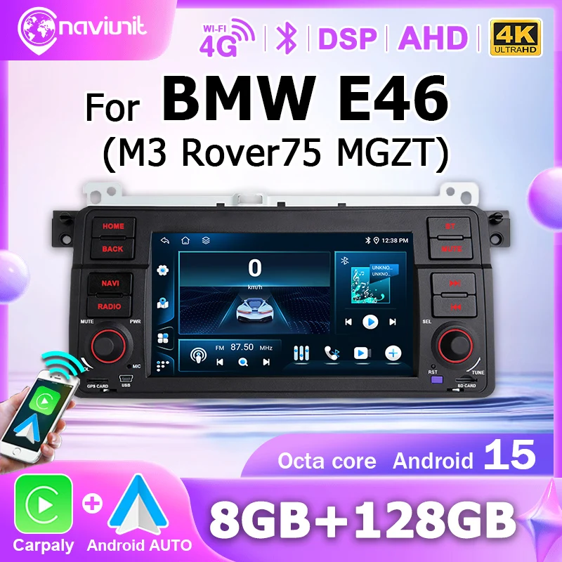 Autoradio multimédia Android 15 avec GPS pour BMW Série 3 E46 M3 318/320/325/330/335 1998-2005, CarPlay sans fil et Android Auto