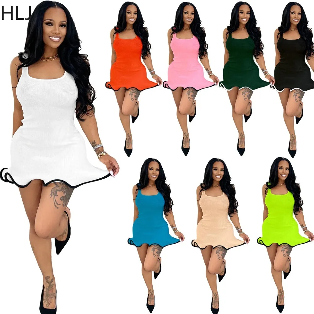 HLJ mode froncé Patchwork robes moulantes femme couleur unie Spaghetti sangle sans manches dos nu robe femme Streetwear nouveau