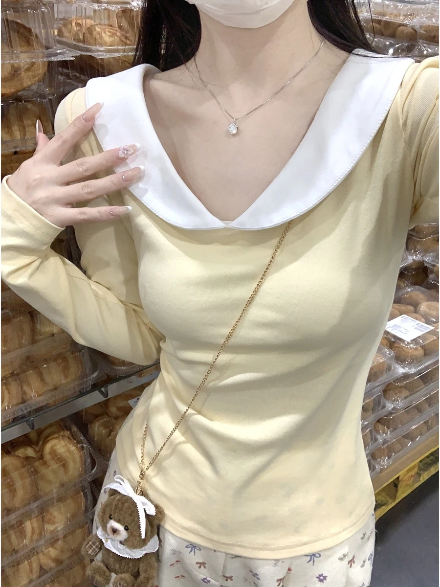 

Милая корейская футболка с длинным светом Base irt, женская футболка с кукольным воротником Fre Sle, облегающая универсальная футболка для внутренней одежды, модный топ