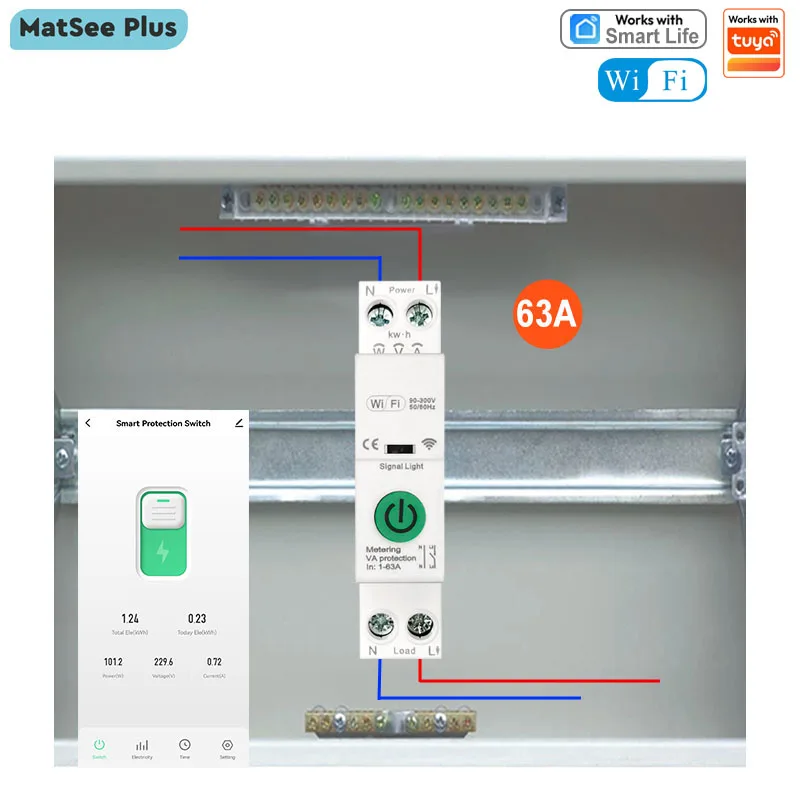

WiFi Smart Circuit Breaker with 63A Switch Timer Energy Meter KWH Monitor Overload Protection Supports Alexa Google Home