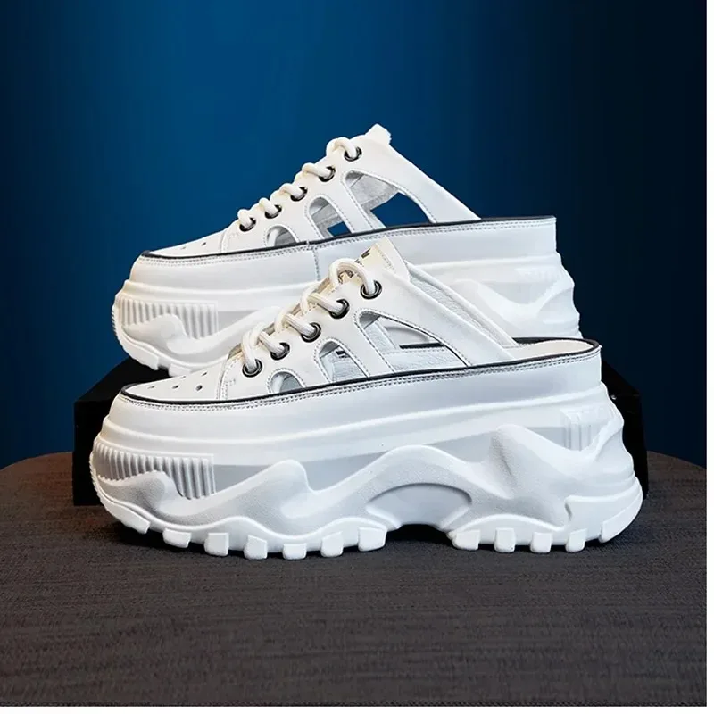 2024Genuine Leather Women Summer Shoes Platform Slippers Wedge Sandals Rhinestone Hollow Female Slip on White