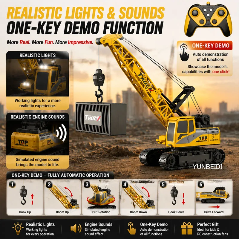 1:64 Scale Alloy Rc Mini Excavator Tracked Driving Lights Sound One Key Demo Digging Multi Speed Color Box Model Car Toy For Boy