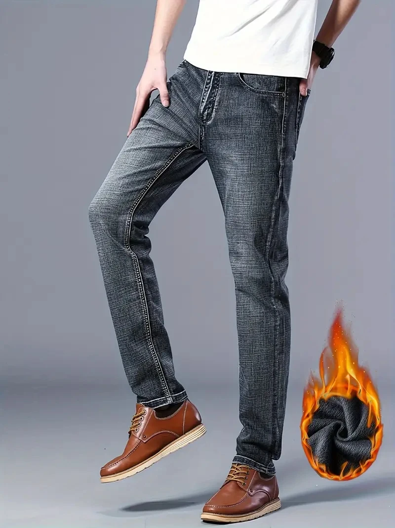 Pantaloni in denim da lavoro in flanella calda termica elasticizzata dritta in pile invernale Abbigliamento di marca maschile Jeans da uomo d'affari alla moda