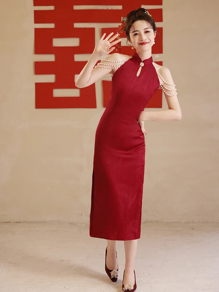 

Красное молодежное свадебное платье без рукавов с низким разрезом, однотонное, в корейском ретро-стиле, длинное, средней длины, ципао для помолвки