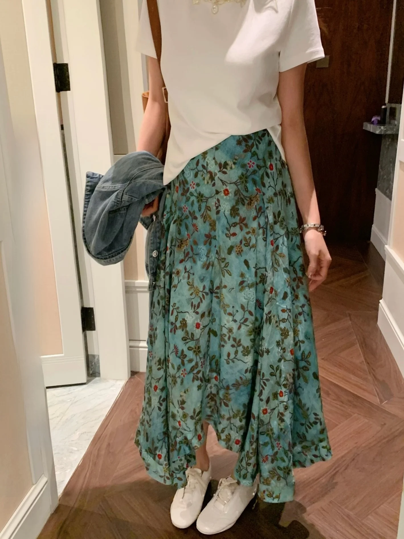 

Ретро-юбка миди А-силуэта с цветочным принтом, женская, легкая, с зеленым цветочным узором, элегантный стиль, из полиэстера