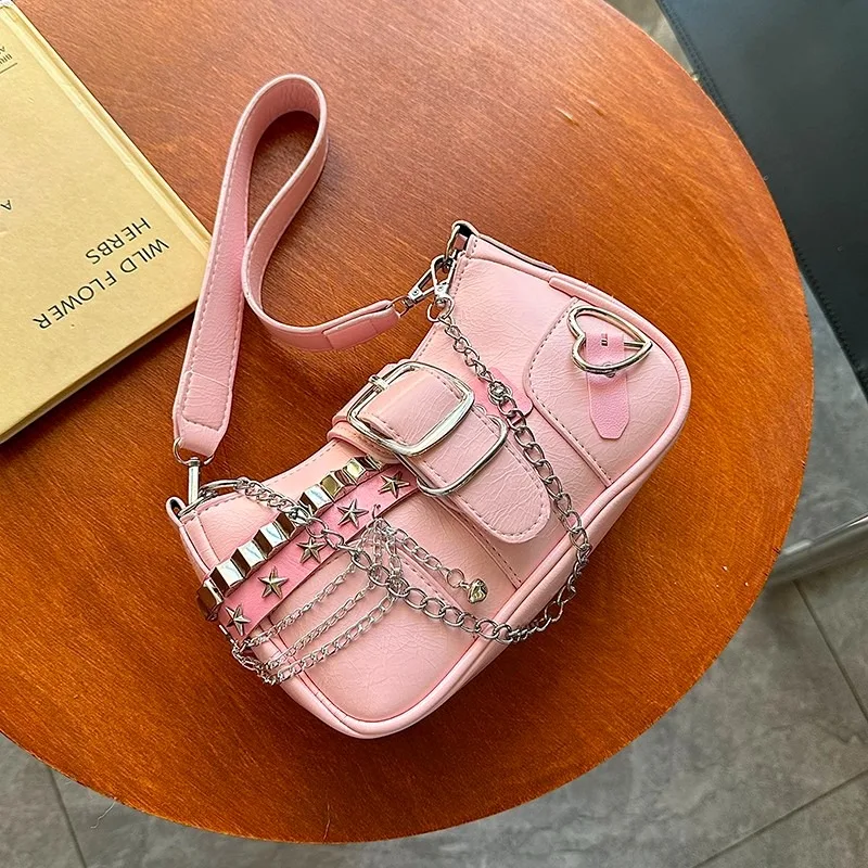 Chain Pin Buckle Metal Star Appliques Solid Zipper Shoulder Bag Fashion Tote Bag 2024 Hot Sale Bags for Women Bolsas Femininas