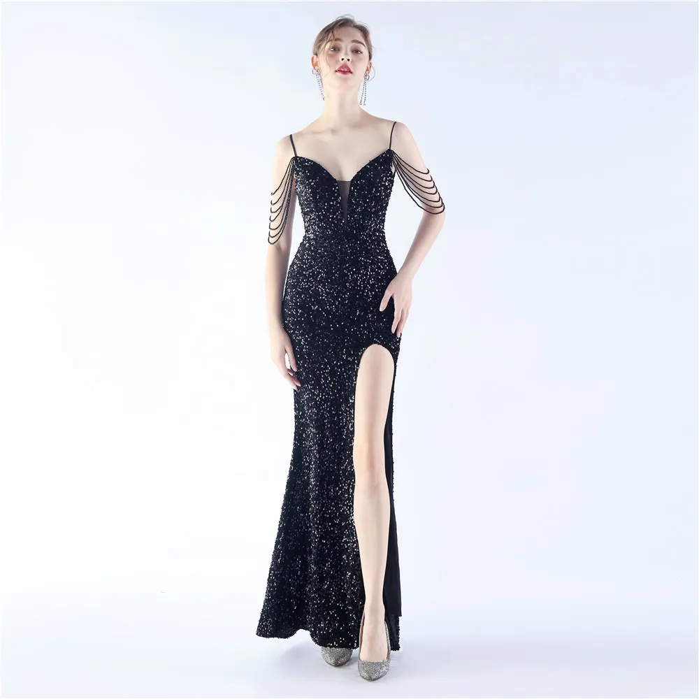 Robe astronomique en velours à sequins pour femmes, jupe longue perlée à sequins faits à la main, robe rétro d'été sexy, robe formelle élégante pour femmes, nouveau