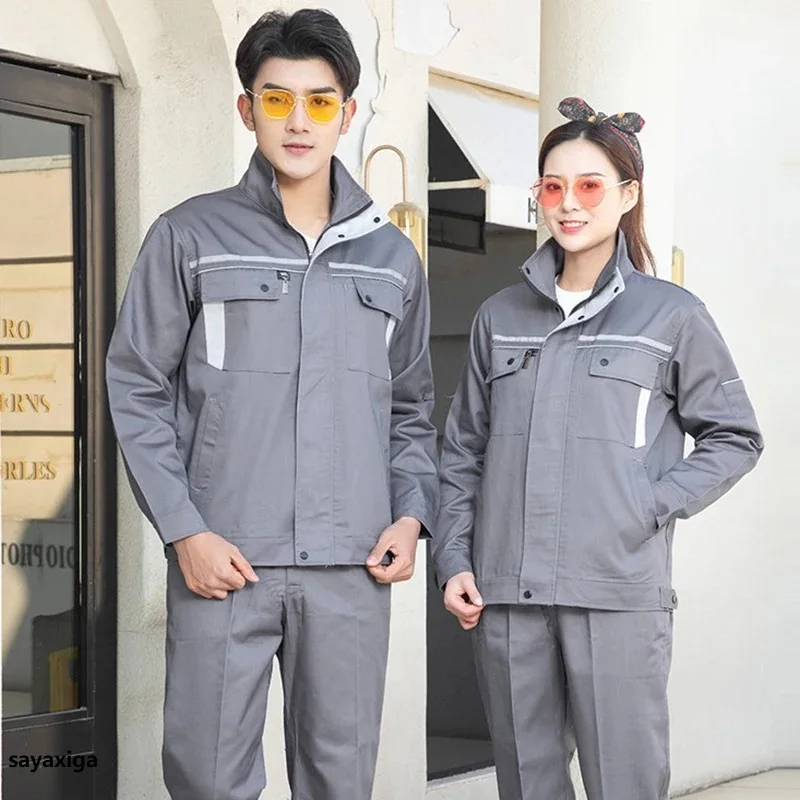 

100%cotton Work Uniforms Men Women Long Sleeve Work Clothing Suit Workshop Jacket Pants Safety Reflective Auto Repair Coveralls