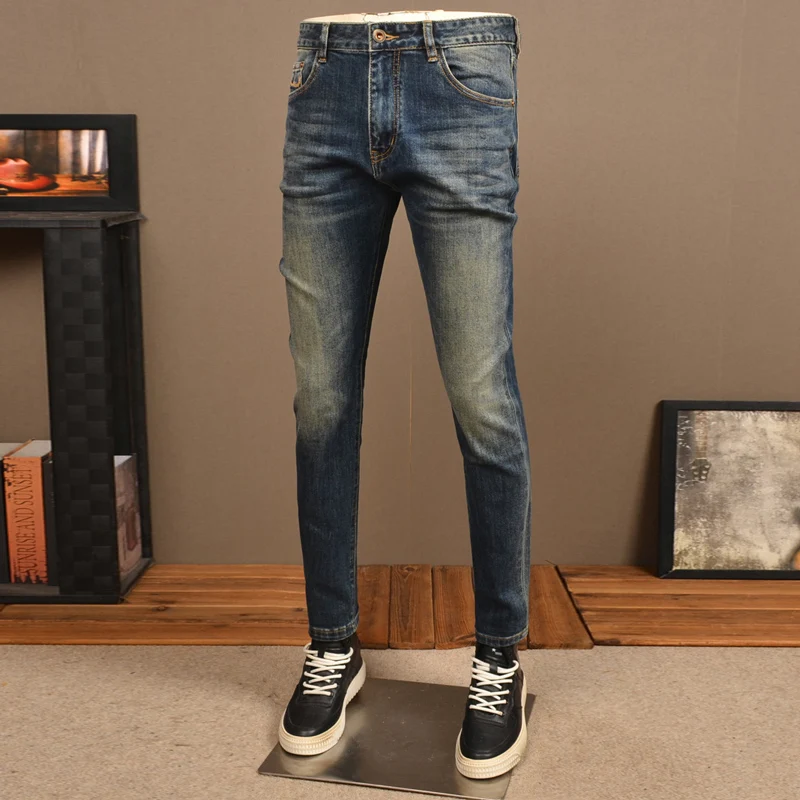 Newly Designer Fashion Men Jeans High Quality Retro Blue Stretch Slim Fit Vintage Jeans Men Embroidery Casual Denim Pants Hombre
