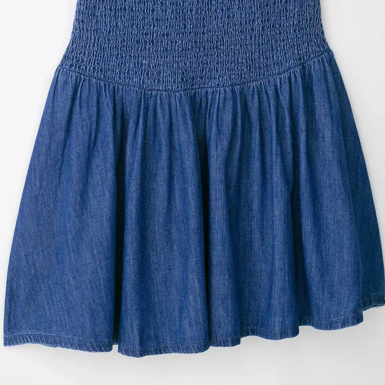 2025 Sexy Blauwe Lage Taille Geplooide Zoom Mouwloze Denim Jurk Vrouwen O Hals Ruches A-lijn Korte Tank Jurken Zomer gewaad Vestidos