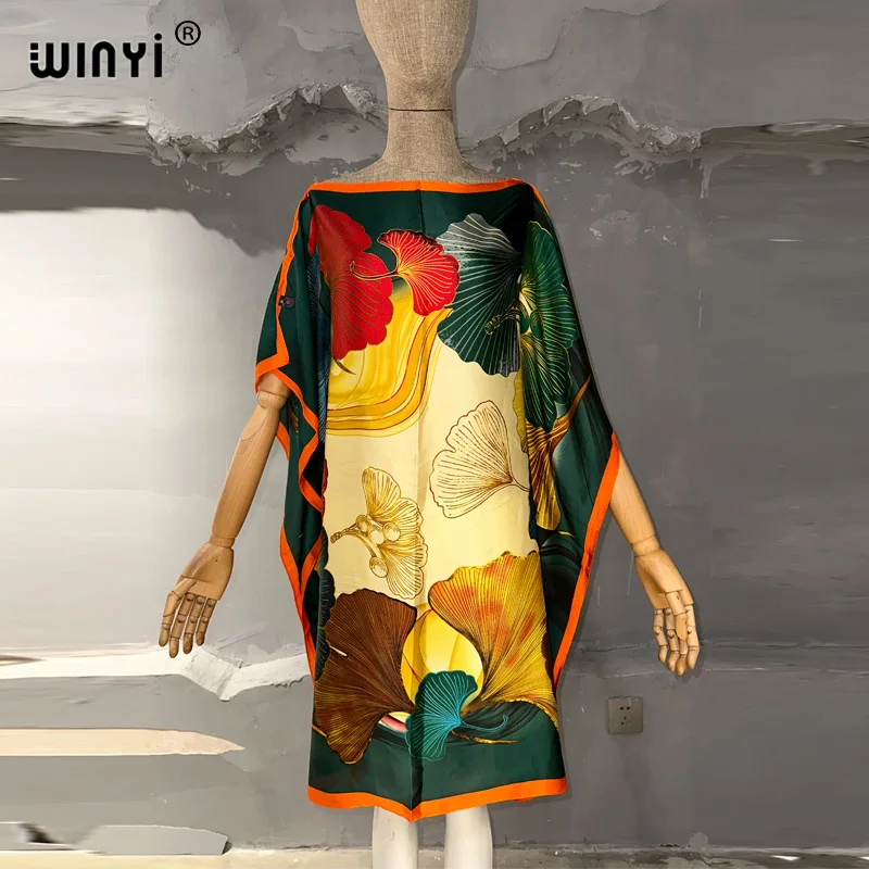 WINYI Boho fashion Print Women Beach Dress Bathing Suit Cover Up Summer For Woman Beachwear Robe de plage silk feeling Kaftan