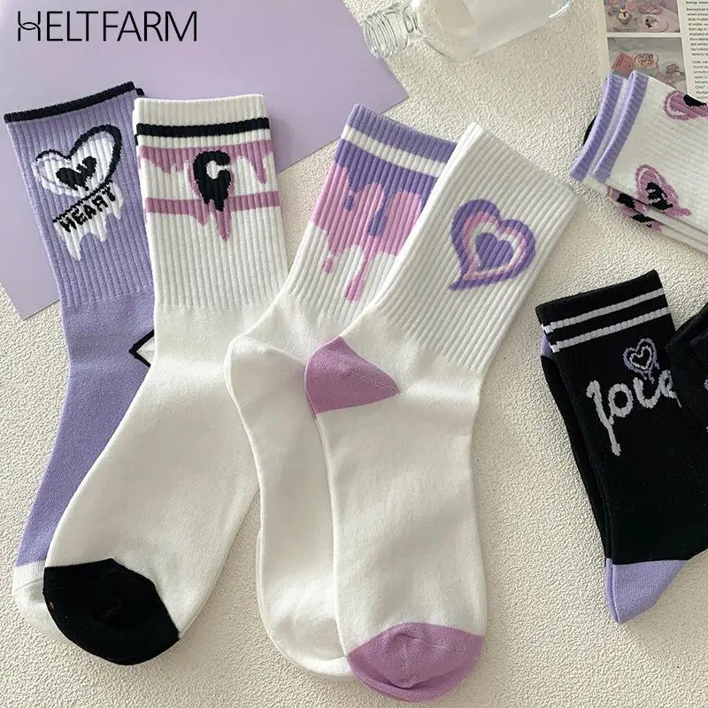 Chaussettes en coton à imprimé cœur violet pour femmes, chaussettes à tube moyen, chaussettes hip hop américaines, vêtements de rue, chaussettes de