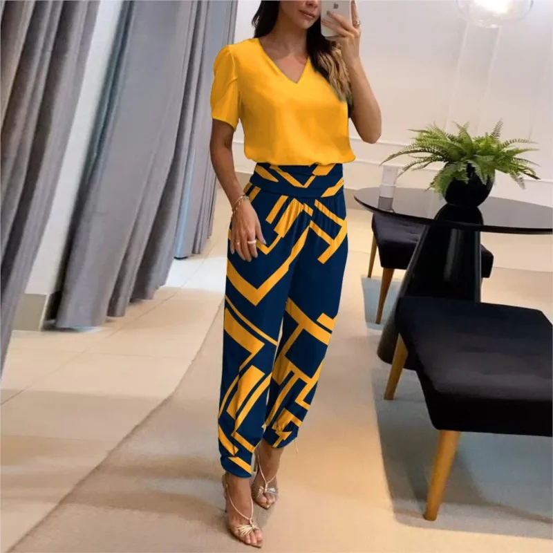 2024 Fashion Printed Two-piece Set Spring And Summer Women\'s Casual V-neck Short Sleeve Top High Waist Pants Suit Street Wear