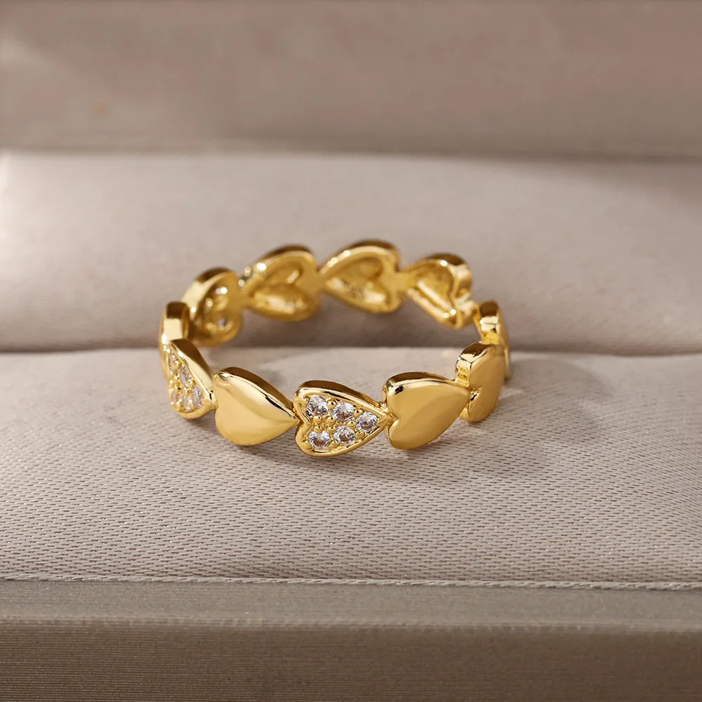 Vintage Cubic Zircon Moon Heart Open Rings For Women Gold Color Stainless Steel Ring Wedding Couple Boho Jewelry anillos mujer