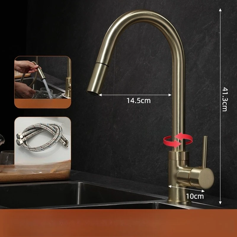 Antique Copper Pull-out Kitchen Faucet, Household Vegetable Basin Sink, Rotating Hot and Cold Dual-use Splash Proof Faucet