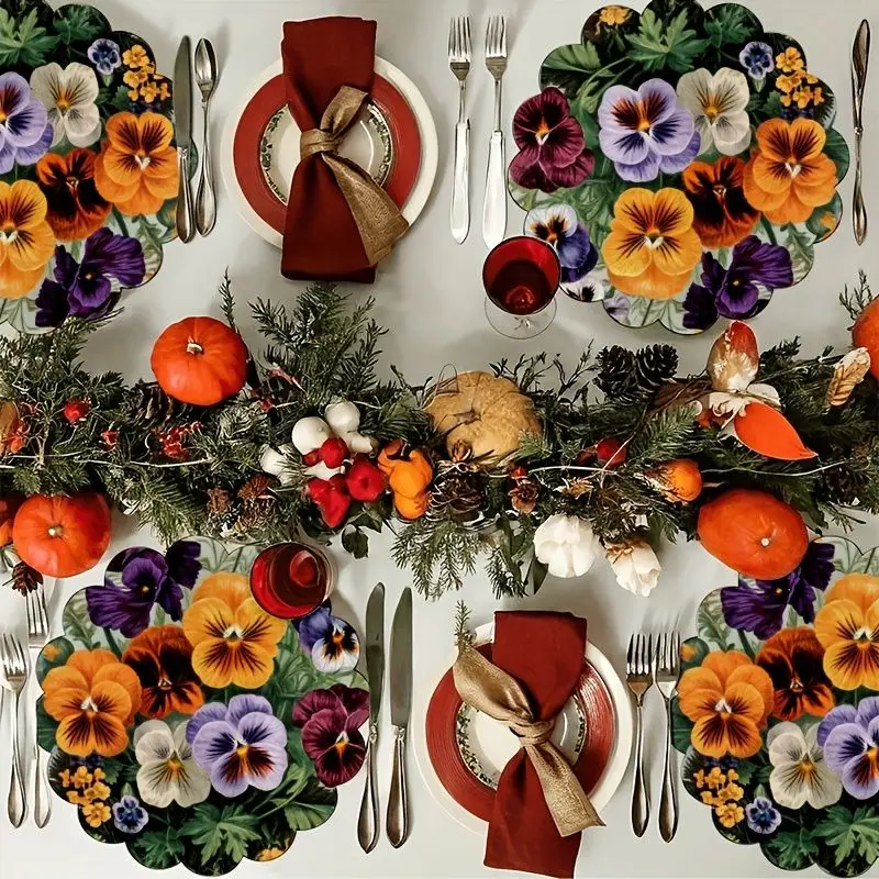 VIKAMA Wildflower Pansy Placemat Purple Orange Violet Blossom Green Foliage Scalloped Edge Botanical Dining Table Mat Garden